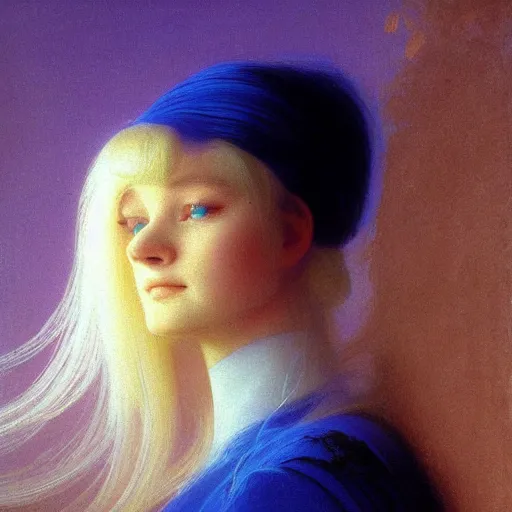 Image similar to young woman's face, her hair is white and she wears a cobalt blue satin cloak, by ivan aivazovsky and syd mead and moebius and gaston bussiere and roger dean and wojciech siudmak and pieter claesz and paul delaroche and alma tadema and aelbert cuyp, hyperrealistic, volumetric light, octane render