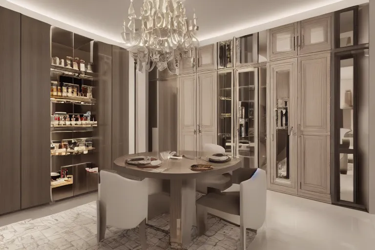 Prompt: highly detailed interior design of a modern pantry table and wall, mirrors, veneer, luxury design, studia 5 4, 3 d render, ultra realistic, v - ray render, high definition