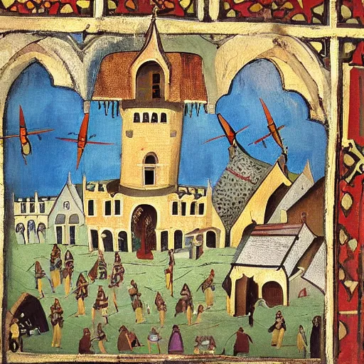 Prompt: a medival painting of holy objects flying above a medival town.