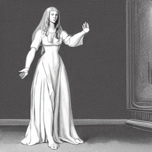 Image similar to a human figure is standing in the center of a room. the figure is wearing a white dress and has long, flowing hair.