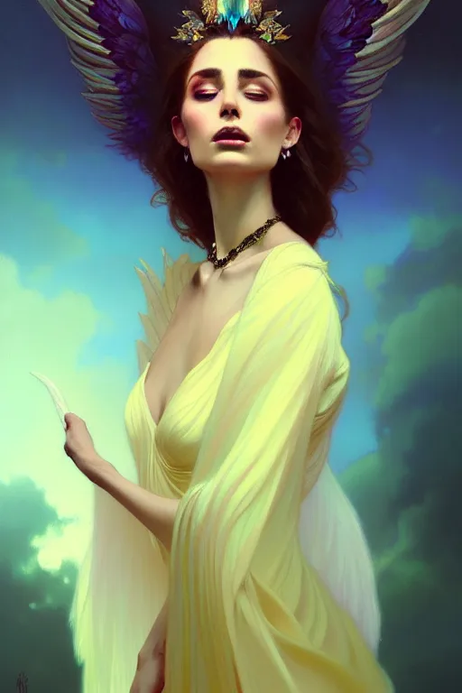 Image similar to beautiful portrait oil painting, ombre velvet gown, beautiful elegant bird woman with wings, portrait, dramatic light on face, long hair, tiara, dozens of jeweled necklaces, by greg rutkowski, brom, anato finnstark, alphonse mucha, oil painting, highly detailed, cinematic lighting, unreal,