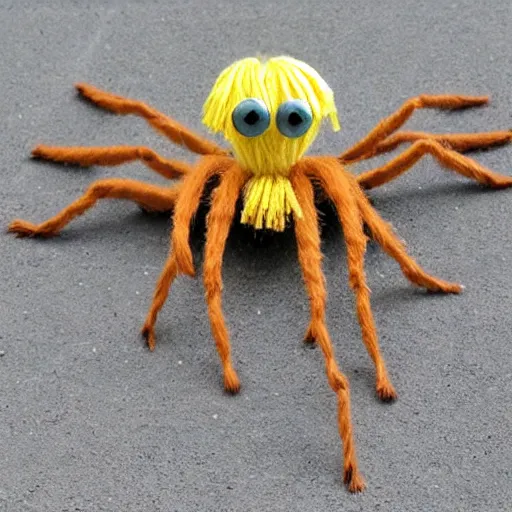 Image similar to a giant spider with tall skinny legs covered in a mop of uniform blonde hair