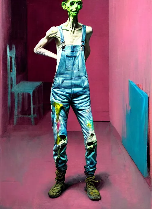 Image similar to an insane, skinny, artist wearing dirty, torn overalls, expressive painting the walls inside a grand messy studio, depth of field, hauntingly surreal, highly detailed painting by francis bacon, edward hopper, adrian ghenie, glenn brown, soft light 4 k in pink, green and blue colour palette, highly detailed, cinematic composition, unreal engine render,