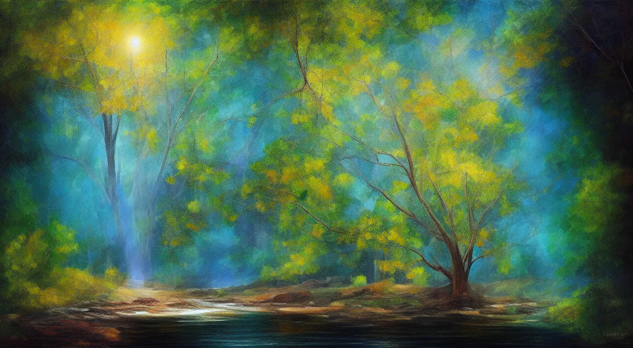 Prompt: A beautiful, highly detailed, very realistic oil painting of a single tree with rainbow leaves, next to a small river, glowing bright blue in the middle of a huge, very dark cave, with lots of dark grey rocks, oil painting by Afremov and Greg Rutkowski.