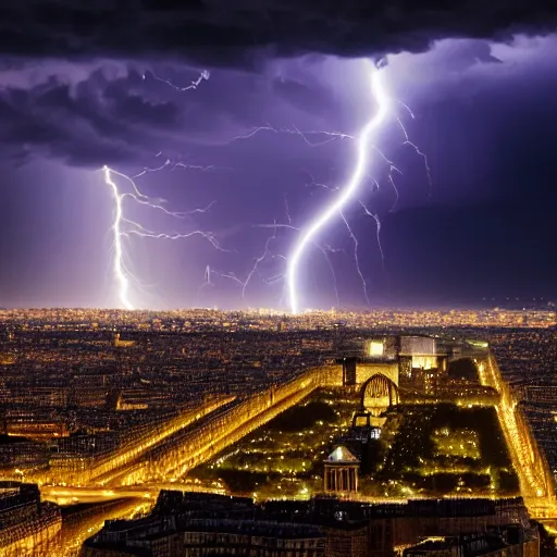 Prompt: a realistic photo of paris by night with a thunderstorm and several lightnings in the sky, highly detailed, ultra realistic, nightmare, 8 k