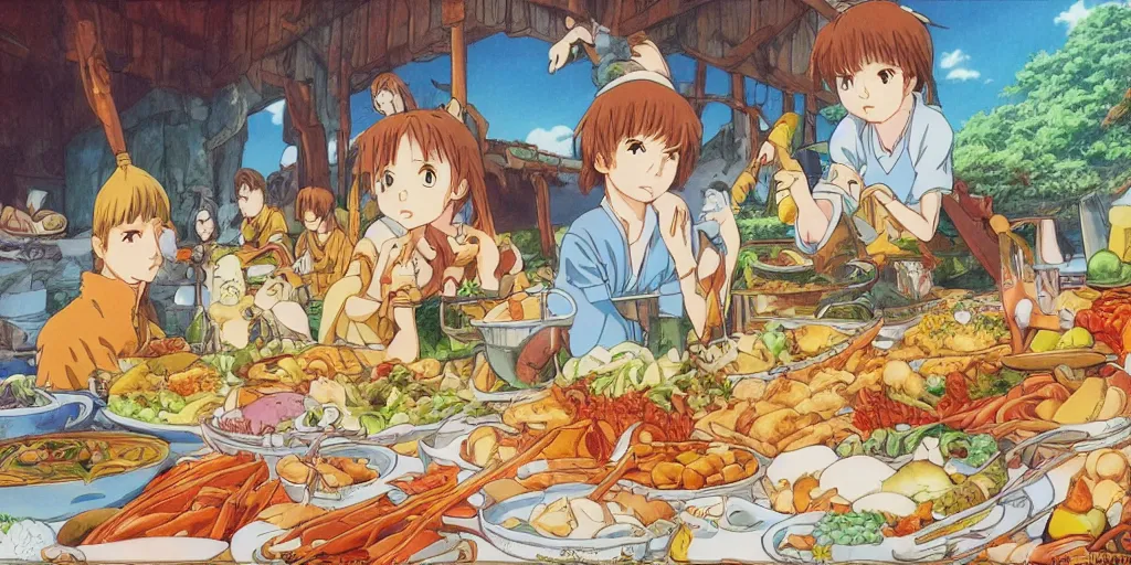 Image similar to A feast for the whole kingdom, very detailed, anime, Delicious, Plump, Juicy, Hot Food, large white border, hd, high resolution print :1 by Hayao Miyazaki, Nausicaa, studio Ghibli style, Anime wallpaper, cell shading, trending on deviant art :1