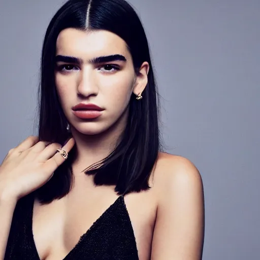 Image similar to dua lipa wearing black robe and golden necklace cinematic photoshoot high quality highly affordable photo realistic 8 k hd