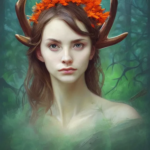 Prompt: A beautiful digital painting of freya allen, wooden antlers on her head, brown curly hair with orange leaves, forest in the background, D&D, fantasy, intricate, beautiful green eyes, cinematic lighting, highly detailed, digital painting, Artstation, concept art, smooth, sharp focus, illustration, art by Artgerm and Greg Rutkowski and Alphonse Mucha