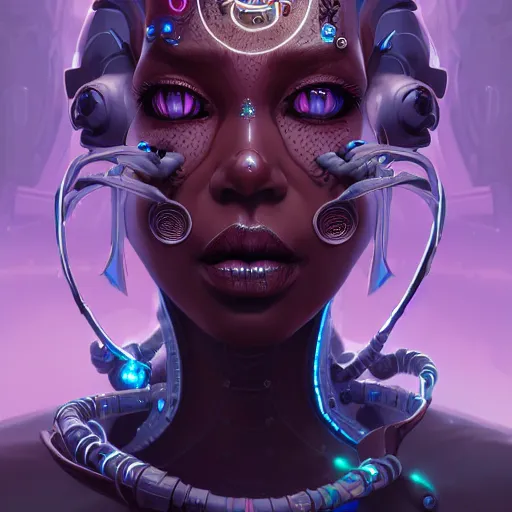 Prompt: a portrait of a beautiful cybernetic voodoo woman, cyberpunk concept art by pete mohrbacher and wlop and artgerm and josan gonzales, digital art, highly detailed, intricate, sci-fi, sharp focus, Trending on Artstation HQ, deviantart, unreal engine 5, 4K UHD image