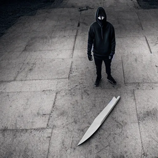 Prompt: two people are standing in some grave, with black hoodie, handling knife, and porcelent mask, photorealism intricate professional photography cinematic photography wide angle natural grid feature centered reflection realistic