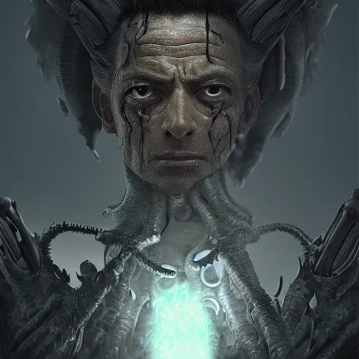 Prompt: A mugshot of a genetically enhanced (to the point of posthumanity) genius criminal man with features of a chitinous anthropod demiurge dnd lich, still from alita, matte painting, Artstation, CGsociety, by Greg Rutkowski