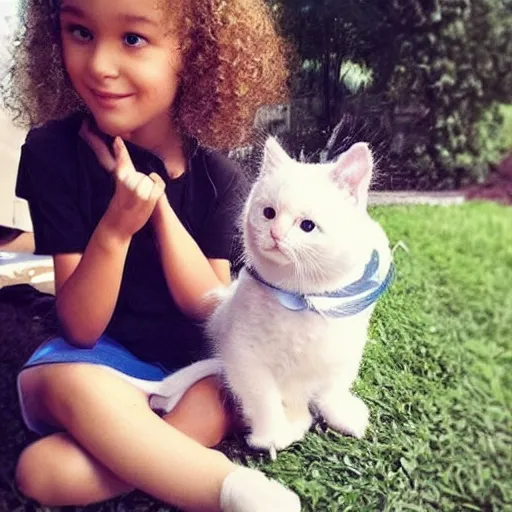 Image similar to kitty-bird hybrid, cute sitting with a little girl with curly hair