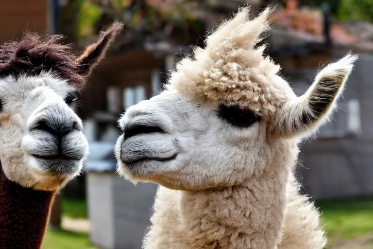 Prompt: <picture quality=4k-ultra-hd mode='attention grabbing'>Adorable alpaca looks into the camera knowingly as a house burns behind it - inspired by Disaster Girl</picture>