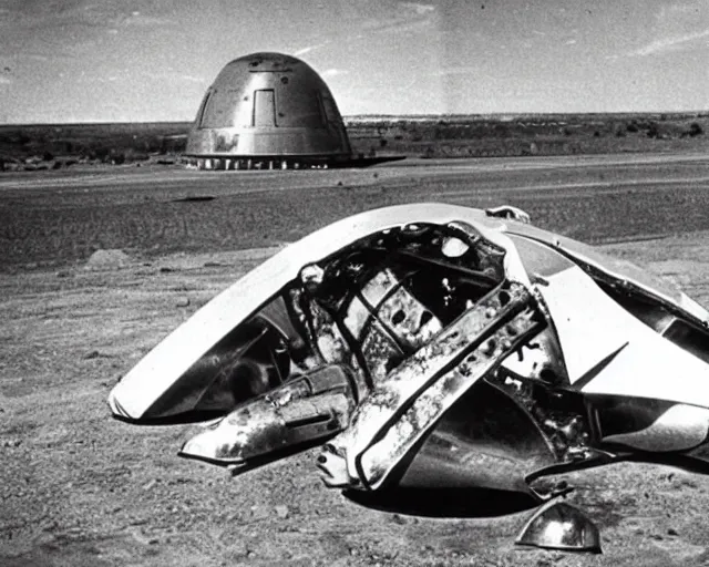 Prompt: a futuristic sci-fi alien scout craft, crashed in roswell, 1947, early black and white photo, cdx