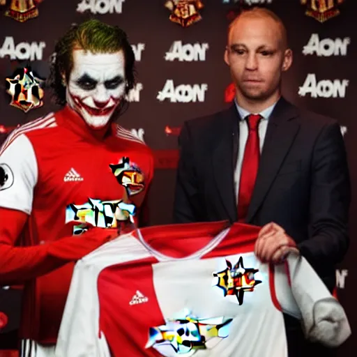 Image similar to BBC Sports photography of a Manchester United press conference introducing the Joker, their latest signing