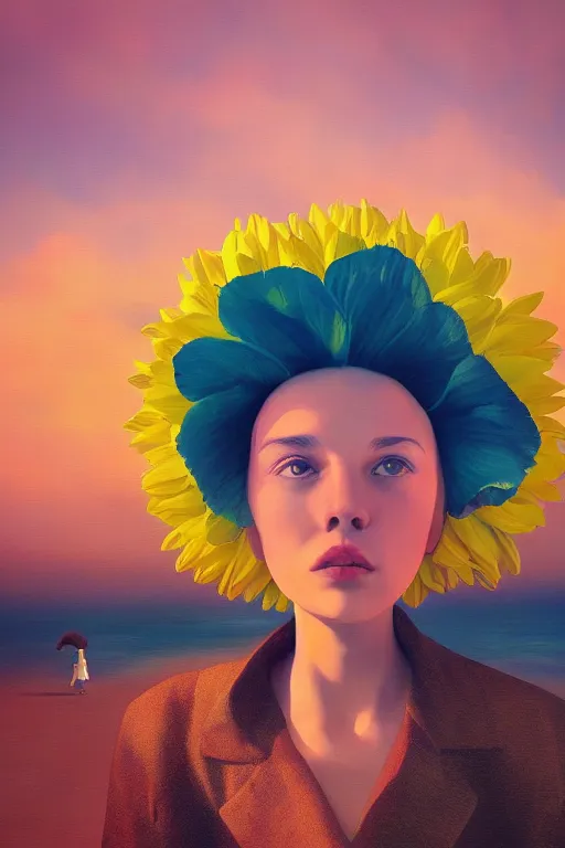 Image similar to closeup girl with huge yellow dahlia flower face, on beach, surreal photography, blue sky, sunrise, dramatic light, impressionist painting, digital painting, artstation, simon stalenhag