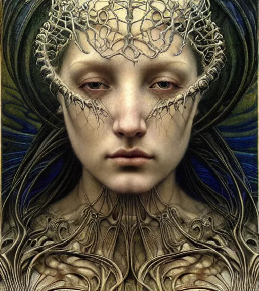 Image similar to detailed realistic beautiful young medieval alien queen face portrait by jean delville, gustave dore and marco mazzoni, art nouveau, symbolist, visionary, gothic, pre - raphaelite. horizontal symmetry by zdzisław beksinski, iris van herpen, raymond swanland and alphonse mucha. highly detailed, hyper - real, beautiful