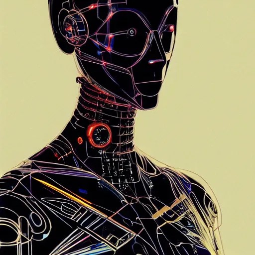 Image similar to a cybernetic mannequin by victo ngai and jakub rebelka and syd mead, trending on artstation