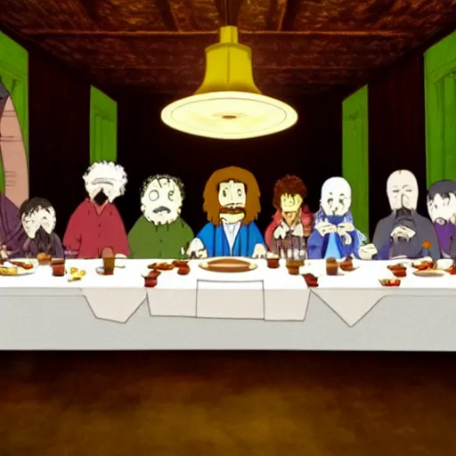 Image similar to The last supper by tim burton, studio ghibli, 4K, OLED, excellent detail, masterpiece