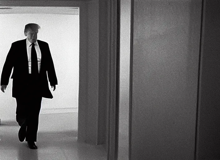 Image similar to screenshot from moody scene of Donald Trump entering the zone, scene from the film Stalker 1979 film directed by andrei tarkovsky, kodak film stock, anamorphic lens, 4K, film grain, detailed, stunning cinematography