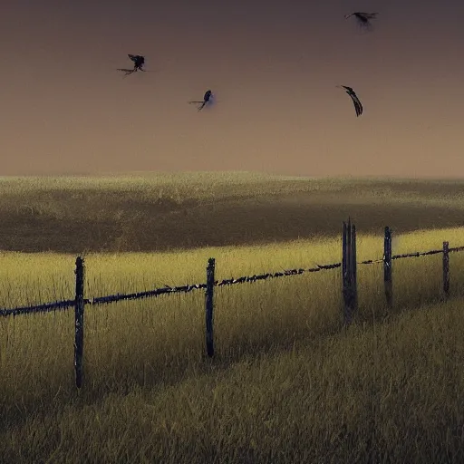 Image similar to an endless very tall fence, in a field, birds, dystopian, grim, dark, masterpiece oil painting, octane render, by barlowe, by kincaid 4 k