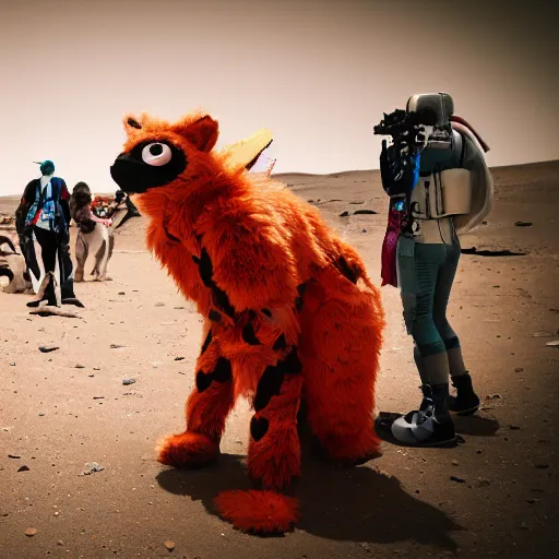 Image similar to furry convention on mars, animal costumes, 8 k photography, cyberpunk