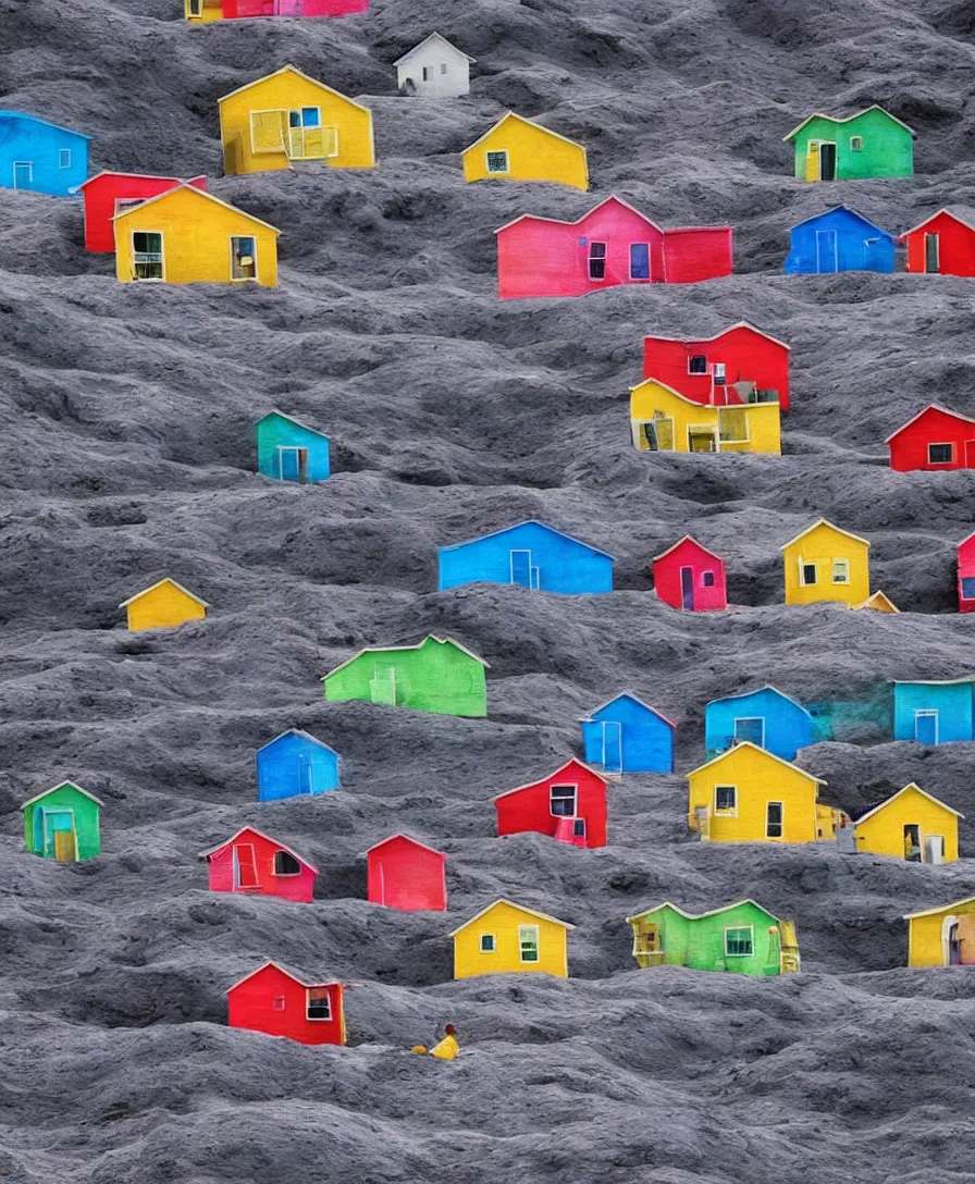 Image similar to hd artistic photo of people living on colorful houses on moon, highly detailed