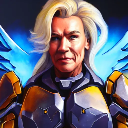 Image similar to a screenshot of arnold schwarzenegger as mercy in overwatch, angel wings, halo, portrait, fantasy, beautiful face, vivid colors, elegant, concept art, sharp focus, digital art, hyper - realistic, 4 k, unreal engine, highly detailed, hd, dramatic lighting by brom, trending on artstation