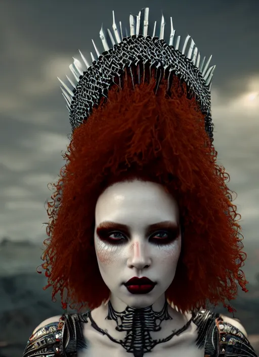 Prompt: a single fierce looking beautiful young woman with curly red hair and symmetrical white makeup, wrapped in chainmail, wearing an intricate headdress made from bones and leather, painted by turner, intricate linework, unreal engine 5 highly rendered, global illumination, radiant light, detailed and intricate environment