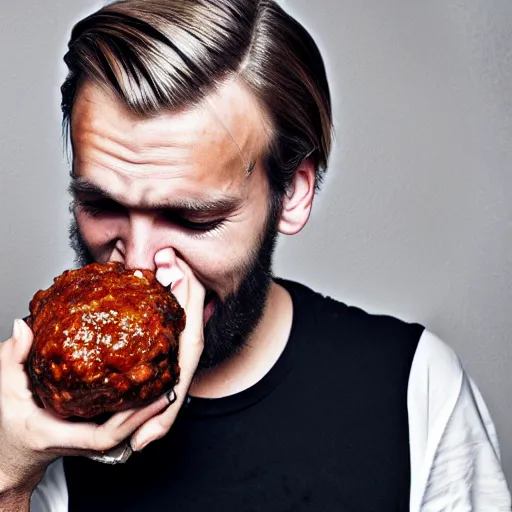 Prompt: PewDiePie crying holding a meatball, wide shot, realistic, 8k resolution, hyperdetailed, highly detailed, real life, studio lighting, high quality, photo