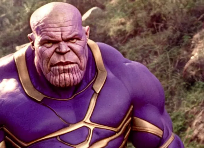 Prompt: film still of thanos as brand riding a!!! small!!! childrens bike down a steep mountain road in the goonies 1 9 8 5