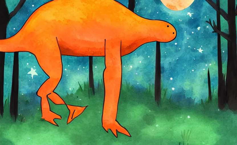 Prompt: a friendly orange dinosaur walking in the forest at night, moon, stars, water color, digital art