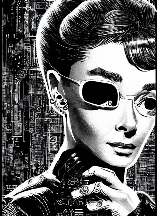 Image similar to audrey hepburn, detailed cyberpunk portrait by tim doyle