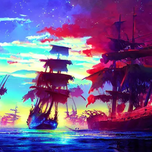 Prompt: disco diffusion painting of a pirates landscape by makoto shinkai, masterpiece, contest award winner