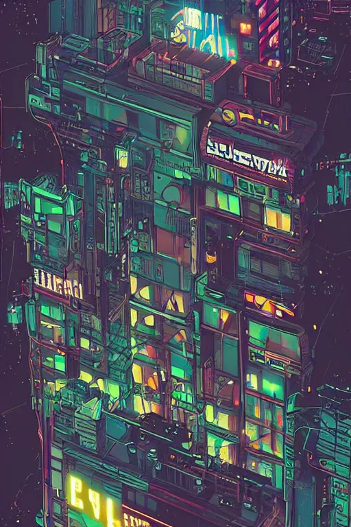 Prompt: cyberpunk buildings with a flight vehicle glowing in the sky, neon sign, bottom view ， bladerunner, by tomer hanuka