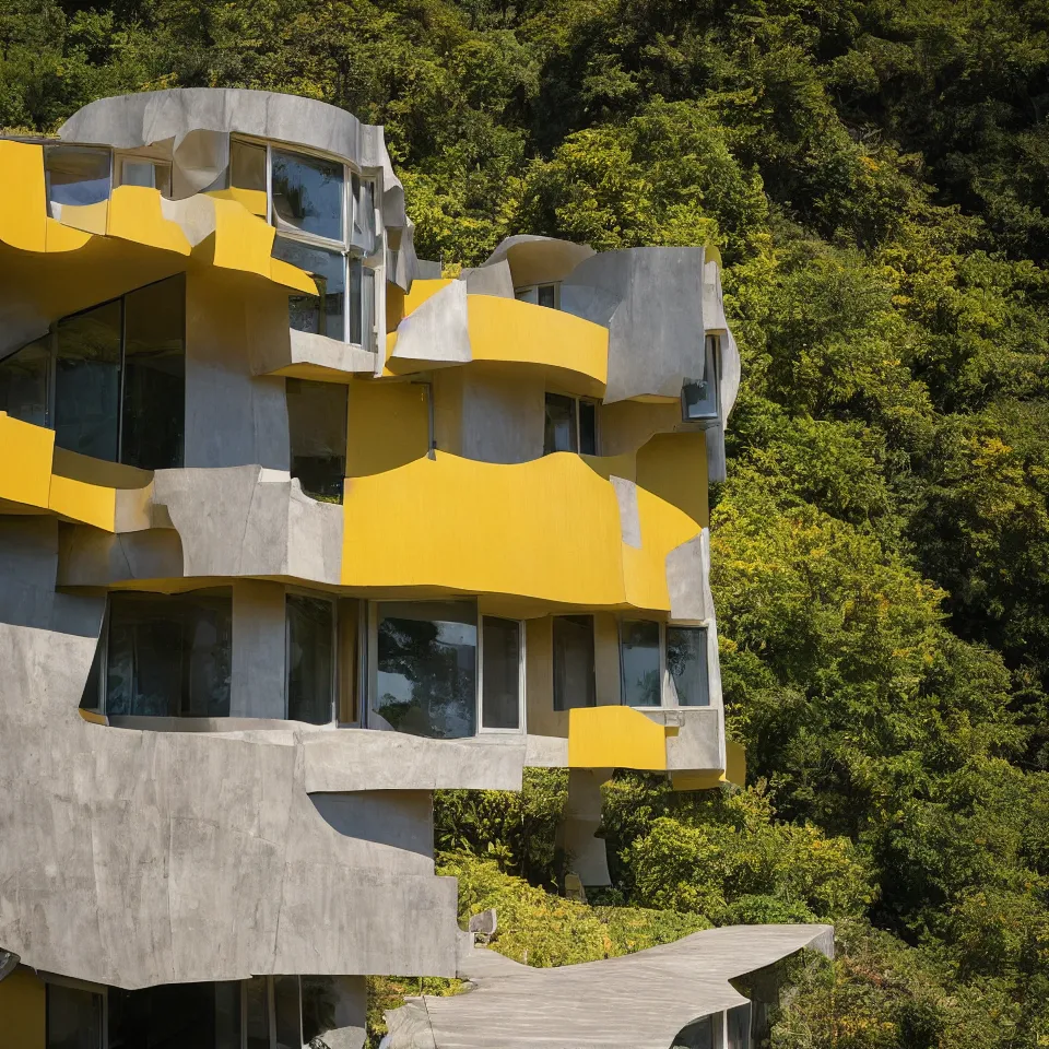 Prompt: a mid-century modern house on top of a cliff, designed by Frank Gehry. Big tiles. Small wooden pathway . Film grain, cinematic, yellow hue