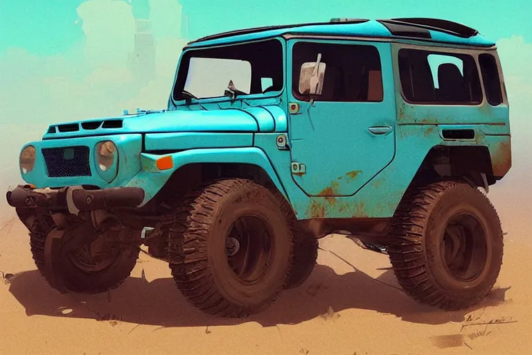 Image similar to digital illustration of a futuristic faded cyan mad max's fj 4 0 decrepit!!!! pursuit special, rusty!!! cyberpunk nissan fj cruiser heavily modded 1 9 9 0 s, the last v 8 interceptor by makoto shinkai, ilya kuvshinov, lois van baarle, rossdraws, basquiat