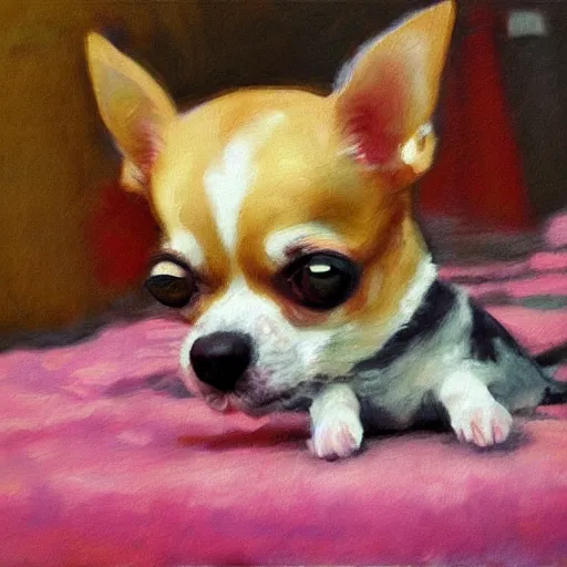 Image similar to chihuahua holding a camera, impressionist oil painting