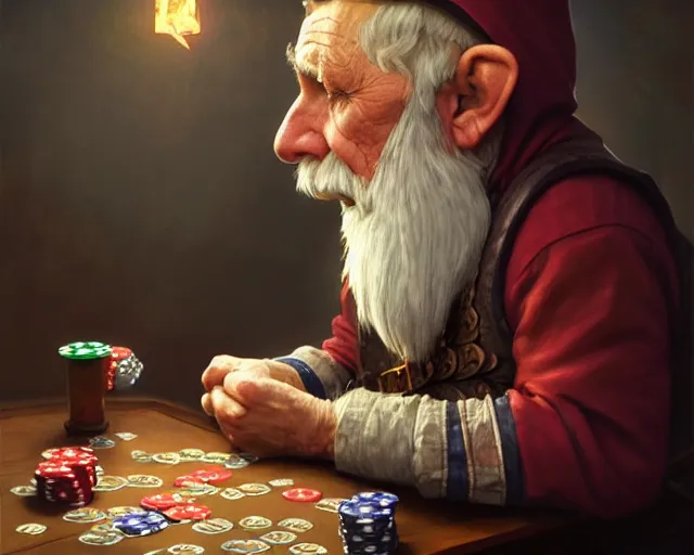 Prompt: little old gnome, playing poker, deep focus, d & d, fantasy, intricate, elegant, highly detailed, digital painting, artstation, concept art, matte, sharp focus, illustration, hearthstone, art by artgerm and greg rutkowski and alphonse mucha