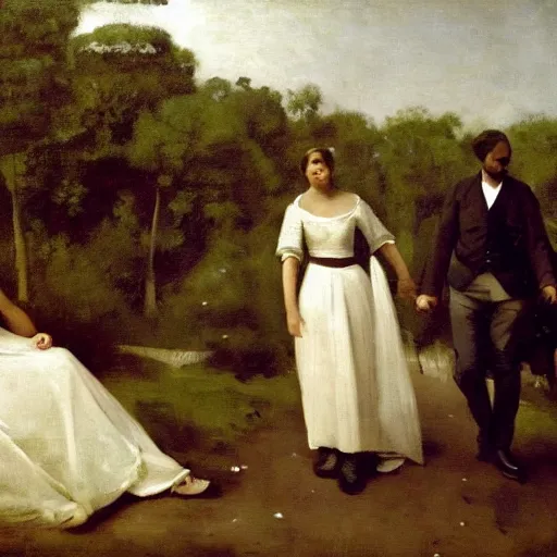 Prompt: a beautiful wedding, eternal, parallel universe, world - renowned, resplendent, screen space global illumination, by camille corot, 1 6 : 9