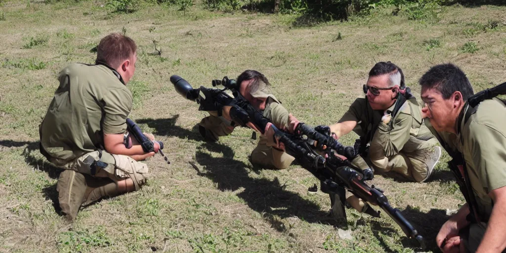 Prompt: nigel and lino practicing sniper marksmanship sniper rifle aruba