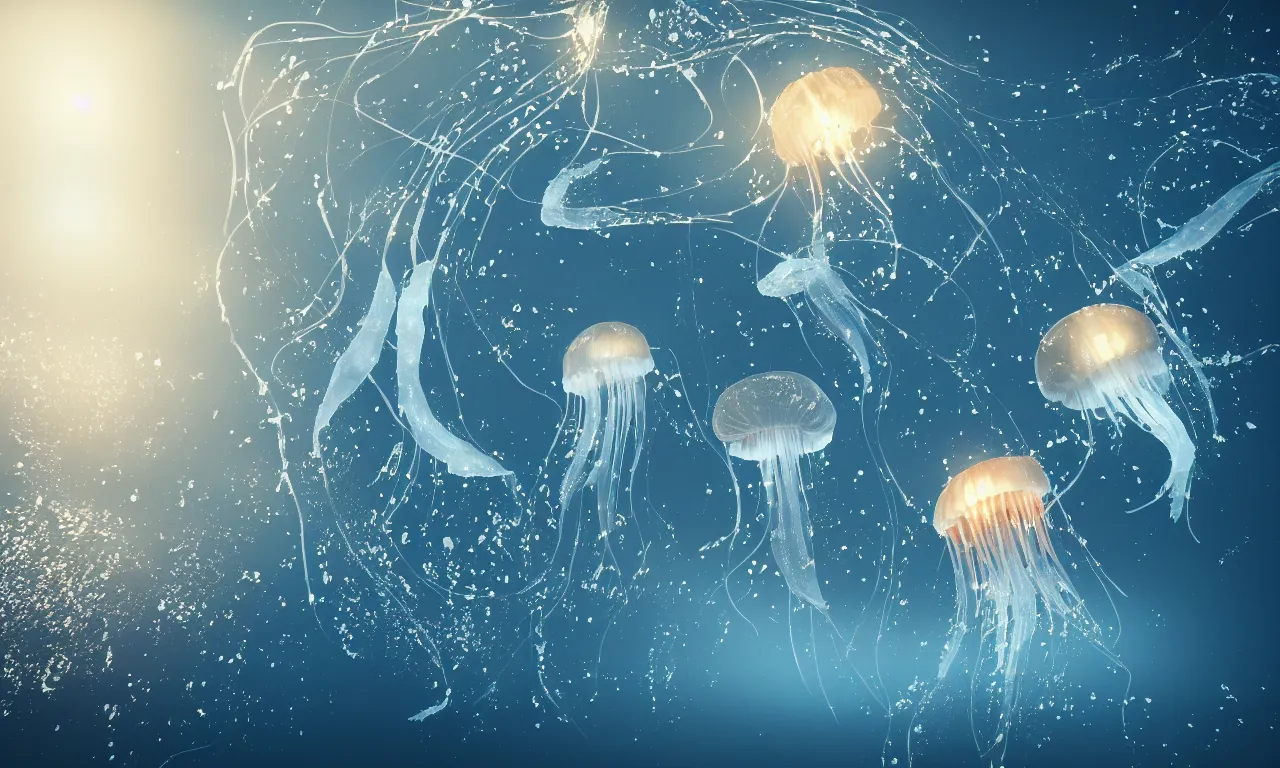 Prompt: Jellyfish swims in the dark sea, trending on artstation, octane render, 8K