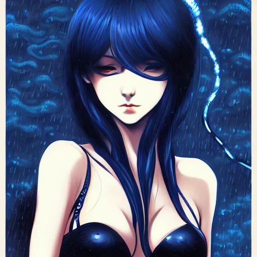 Image similar to beautiful seductive snake - girl, in the rain, highly detailed, painting, dark blue and black color palette, intricate, high quality anime artstyle, in the style of ilya kuvshinov