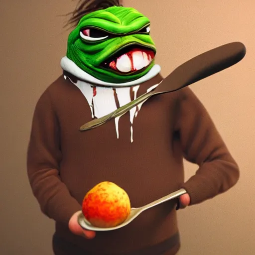 Prompt: pepe with a spoon, realistic, detailed, photography, artstation, dramatic light