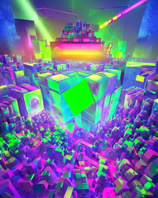 Image similar to a crowded rave for dancing furry monsters of every shape and size surrounding a neon cube tesseract impossible geometry, portal to other worlds, geometric, generative, bending space and time, at hazy dusty dusk night sky in giant epic zoological rave party, digital art trending on art station concept art