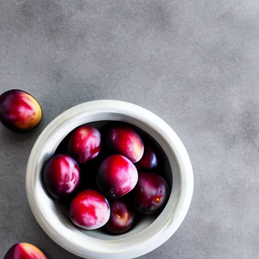 Image similar to photo of a thick porcelain bowl filled with a few moist freshly picked plums on a wooden table. volumetric lighting. 4 k. small scale. realistic. top down.