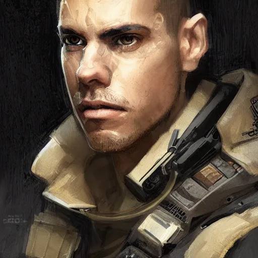 Image similar to portrait of a man by greg rutkowski, a soldier of the confederation of independent systems, wearing a beige and black tactical gear, star wars expanded universe, highly detailed portrait, digital painting, artstation, concept art, smooth, sharp foccus ilustration, artstation hq