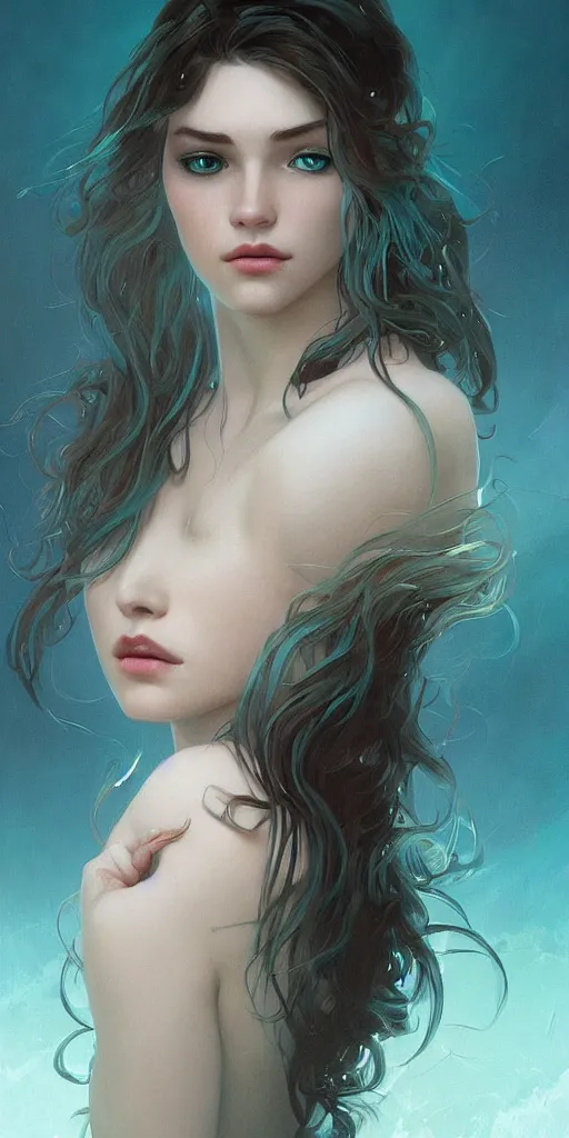 Image similar to haunting beautiful young woman, detailed photo realistic gorgeous face turning waves, dark, ominous, sad eyes, glowing hue of teal, vaporwave aesthetic, synthwave , digital painting, artstation, concept art, smooth, sharp focus, illustration, art by artgerm and greg rutkowski and alphonse mucha