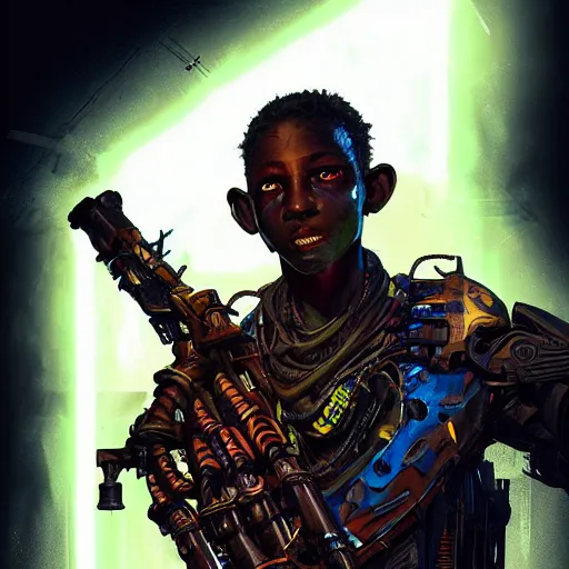 Image similar to a dark and ominous cyborg african child soldier with glowing eyes and steel dreadlocks, neon graffiti, Apex Legends character digital illustration portrait design, by android jones and greg rutkowski in a cyberpunk voodoo style, retrowave color scheme, detailed, cinematic lighting, wide angle action dynamic portrait