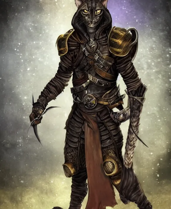 Image similar to humanoid male khajiit rogue, wearing leather armor, magic the gathering, fantasy